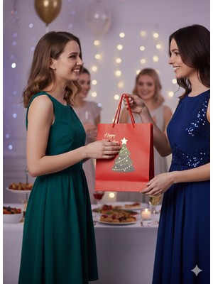 Dodomar 21.5X24X12 cm – Kırmızı Çam Ağacı Varaklı Lüks Karton Hediye Çantası Özel Sunum Çantası