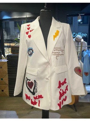 Kamera Fashion Kadın Nakış Işlemeli Uzun Kollu Pamuk Blazer Ceket