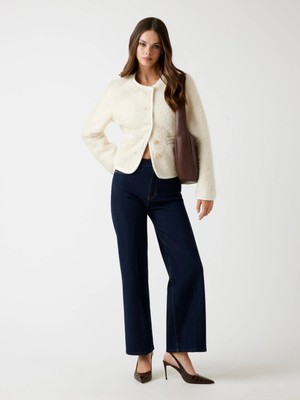 Guess Kadın Beyaz Kürk Uzun Kol Dokuma Midi Kaban Lüks Suni Kürk Malzemesi ile Şık