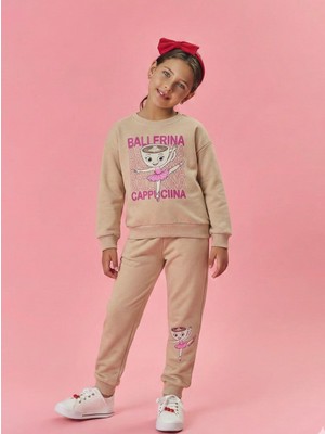 Matu Official Bej Renk Balerina Cappuccina Baskılı 3 Iplik Kız Çocuk Eşofman Takım 3/10 Yaş
