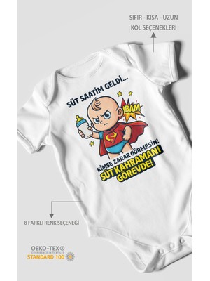 Süt Saatim Geldi Kimse Zarar Görmesin Baskılı Bebek Zıbını – Çıtçıtlı Body | %100 Pamuk Kısa Kol