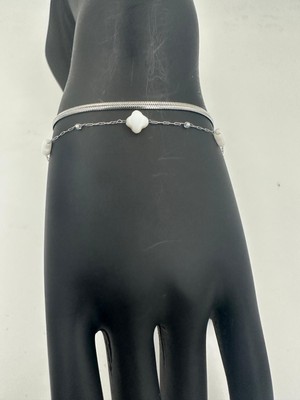 Stainless Steel Gümüş Renk Sedef Yonca Çift Sıra Çelik Bileklik