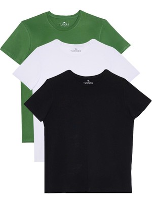 Tudors Unisex 3'lü Paket Siyah-Beyaz-Yeşil Slim Fit Dar Kesim %100 Pamuk Bisiklet Yaka Tişört