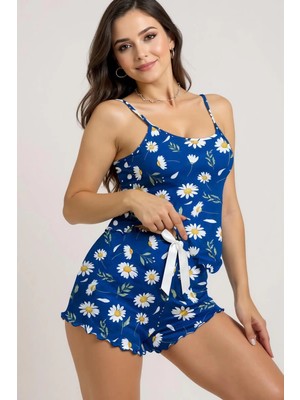 Papatya Desenli Mavi Askılı Şortlu Pijama Takımı