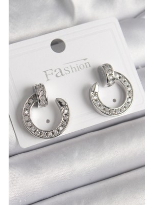Pirinç Gümüş Renk Zirkon Taşlı Çivi Halka Model Kadın Küpe - Lisinya