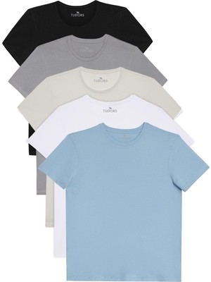 Tudors Unisex 5'li Paket Siyah-Beyaz-Taş-Mavi-Gri Slim Fit Dar Kesim %100 Pamuk Bisiklet Yaka Tişört