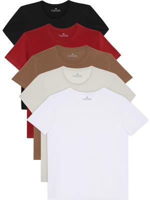 Tudors Unisex 5li Pkt Siyah-Beyaz-Taş-Kahvereng-Kiremit Slim Fit Dar Kesim %100 Pamuk Bisiklet Yaka Tişört