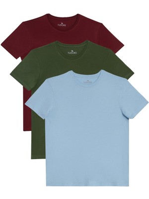 Tudors Unisex 3'lü Paket Yeşil-Bordo-Mavi Slim Fit Dar Kesim %100 Pamuk Bisiklet Yaka Tişört