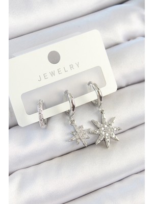 Pirinç Zirkon Taşlı Kutup Yıldızı Model Gümüş Renk 3'lü Çift Kadın Küpe Set - Lisinya