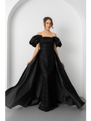 Lafaba Kadın Siyah Kayık Yaka Saten Kuyruklu Uzun Boncuklu Abiye