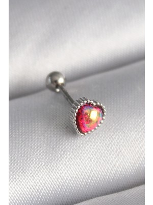 316L Çelik Gümüş Renk Kırmızı Mineli Kalp Tragus Piercing - Lisinya