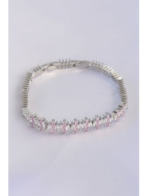 Vip Seri Pirinç Pembe Zirkon Taşlı Gümüş Renk Baget Model Bileklik - Lisinya