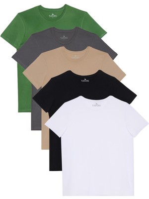 Tudors Unisex 5'li Paket Siyah-Beyaz-Füme-Vizon-Yeşil Slim Fit Dar Kesim %100 Pamuk Bisiklet Yaka Tişört