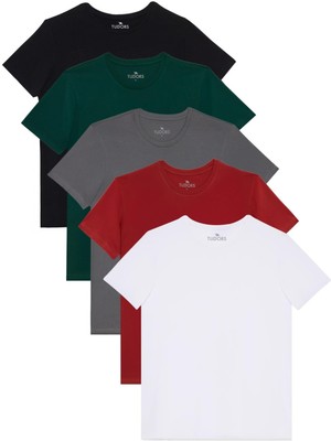 Tudors Unisex 5'li Paket Beyaz-Kırmızı-Gri-Yeşil-Siyah Slim Fit Dar Kesim %100 Pamuk Bisiklet Yaka Tişört