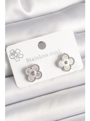 Calperia Pirinç Gümüş Renk Işlemeli Yonca Model Kadın Küpe - Lisinya