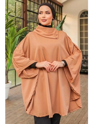 Düğme Detaylı Şık Tasarımlı Bej Şal Yaka Panço ( Lisinya )