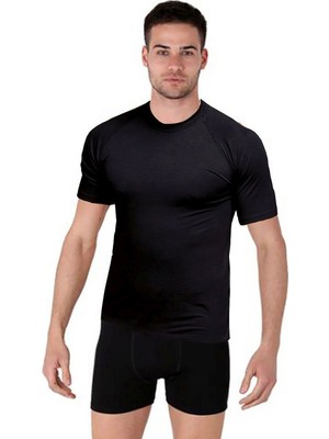 Thermoform Bambu Erkek Bisiklet Yaka Tişört Kısa Kollu Fanila Atlet ve Boxer Şort Seti Siyah