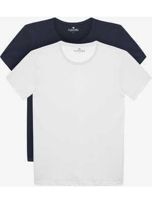 Tudors Unisex Kısa Kol Slim Fit %100 Pamuk Beyaz-Lacivert Tişört 2'li Paket Günlük Kullanım İçin