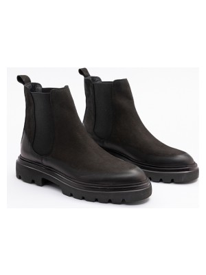 930 Erkek Kalın Tabanlı Tümyüz Lastikli Bot Siyah Nubuk Deri Syh Tbn