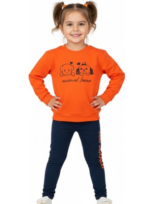 Fancy Kids Antalya Kız Çocuk Baskılı Sweatshirt Tayt İkili Takım – Siyah Turuncu | Mevsimlik ve Kışlık Rahat Takım