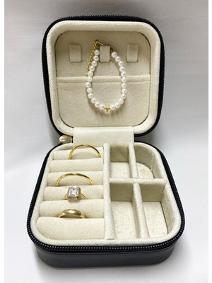 Feyza Design Şık Takı Organizer Kutusu, Seyahat Aksesuar Düzenleyici, Siyah 11X11X7 cm