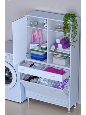 Eliusta Mira Dolap 6 Bölme Çok Fonksiyonlu Banyo Dolabı 90 cm Beyaz Sepetli Dolap 90X171X32,5 cm Organizer