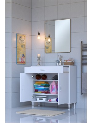 Eliusta Taha 90 cm 3 Bölmeli Beyaz Çok Amaçlı Dolap 2 Raflı Banyo Mutfak Dolabı 90X88X32,5 cm Düzenleyici
