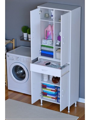 Eliusta Line Beyaz 60 cm Banyo Dolabı Çok Bölmeli Banyo Düzenleyici Dolap 4 Kapaklı 4 Raflı 60X173X32,5 cm