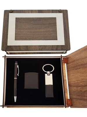 MUHTELİFİÇGİYİM Özel Ahşap Kutulu Siyah Anahtarlık Kalem ve Çakmak Set