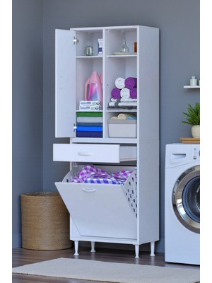 Eliusta Mira Dolap 6 Bölme Çok Fonksiyonlu Banyo Dolabı 60 cm Beyaz Sepetli Dolap 60X171X32,5 cm Organizer