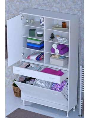 Eliusta Rule Sepetli Banyo/mutfak Dolabı 90 cm Genişliğe Sahip 90X171X32,5 cm Üç Sepetli Beyaz Dolap