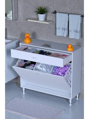 Eliusta Asil 100 cm Kirli Çamaşır Sepetli Banyo Dolabı 1 Çekmeceli Mutfak Çok Amaçlı Dolap 100X88X32,5 cm