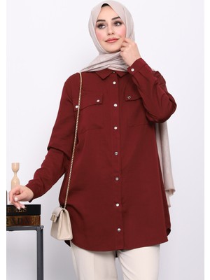 İmaj Butik Bordo Omuzları Apoletli Çift Cepli Tunik