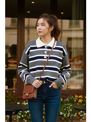 İmaj Butik Füme Polo Yaka Çizgili Triko Kazak