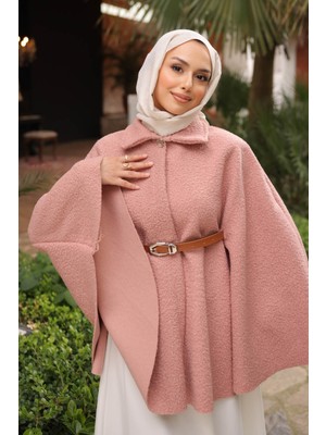 İmaj Butik Gül Kurusu Kemerli Buklet Panço