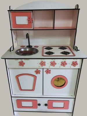 Doğal Ahşap Kız Çocuk Mutfak Dolabı Seti, Pembe-Beyaz, 91X59 cm