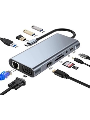 Plentiful Type-C Hub 11IN1 USB C 5 Gbps 4K Hdmı,vga, Pd,usb3.0, Ethernet,sd/tf Aux Macbook Pc  Çoklayıcı Dönüştürücü