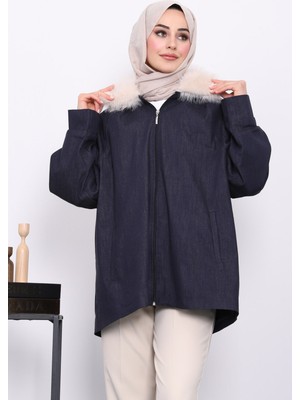 İmaj Butik Lacivert Yaka Kürk Detaylı Kot Ceket