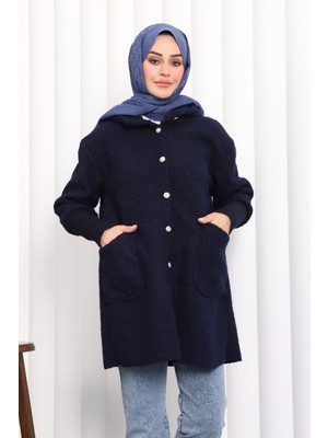İmaj Butik Lacivert Kapşonlu Buklet Kaban