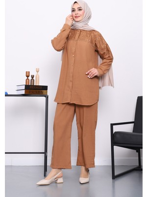 İmaj Butik Kahverengi Dantel Detaylı Boncuklu Tunik Pantolonlu Takım
