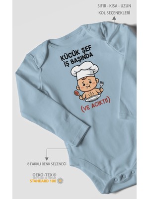 Morivo Kids Küçük Şef Iş Başında (Ve Acıktı) Baskılı Bebek Zıbını – Çıtçıtlı Body 8 Renk | %100 Pamuk Uzun Kol
