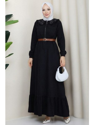 Kadın Taş Detaylı Fermuarlı Kemerli Tesettür Kot Siyah Elbise