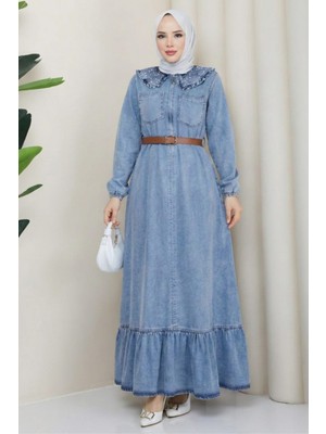 Kadın Taş Detaylı Fermuarlı Kemerli Tesettür Kot Mavi Elbise