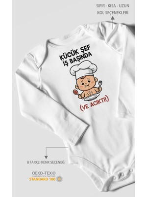 Morivo Kids Küçük Şef Iş Başında (Ve Acıktı) Baskılı Bebek Zıbını – Çıtçıtlı Body 8 Renk | %100 Pamuk Uzun Kol