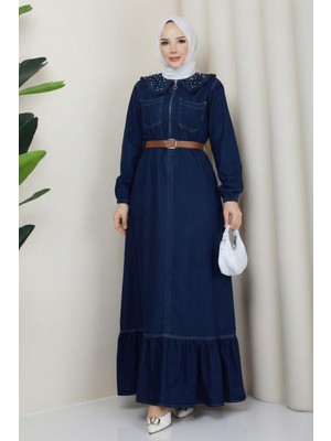 Kadın Taş Detaylı Fermuarlı Kemerli Tesettür Kot Lacivert Elbise