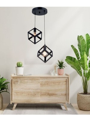 Feyza Design Şık Siyah Rustik Yıldız Home Küp Avize Çiftli Set