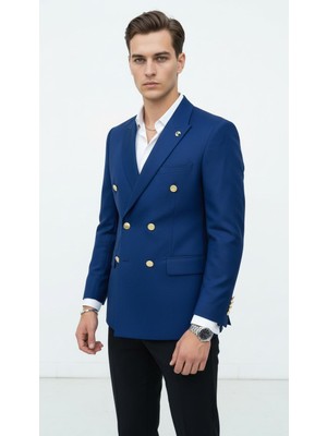 Plus Scorpion Gold Düğmeli Kruvaze Erkek Blazer Ceket – Premium Kumaş, Slim Fit Şıklık