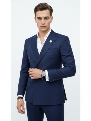 Plus Scorpion Gold Düğmeli Kruvaze Erkek Blazer Ceket – Premium Kumaş, Slim Fit Şıklık