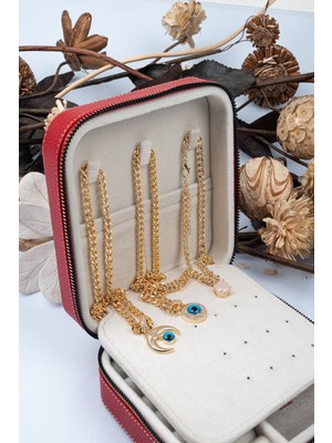 Feyza Design Kırmızı Orta Boy Takı ve Mücevher Kutusu, Ahşap ve Deri Detaylı