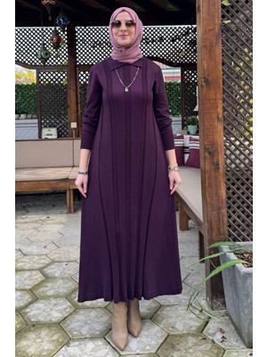 Rabia Şamlı Biricik Kemerli Triko Elbise Mürdüm